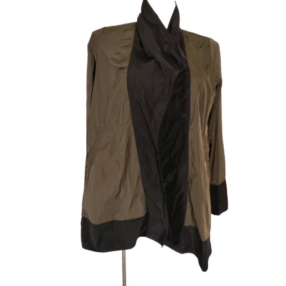Chaqueta túnica SUN KIM drapeada frontal abierta bolsillos verde oliva negra talla mediana EE. UU. Foto 2 de 4