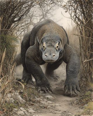 8x10 Komodo Dragon walking sandy ground, dry scrub rocks, realism - 786919944