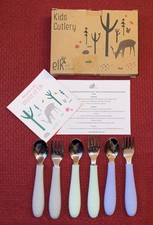 Elk and Friends Kids Silverware with Silicone Handles Sage/MistyBlue-NIB 6pcs 4+