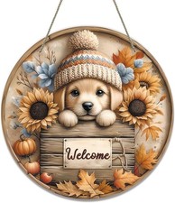 Fall Door Sign Sunflower Pumpkin Welcome Wreath for Front Door Cute Dog Pu