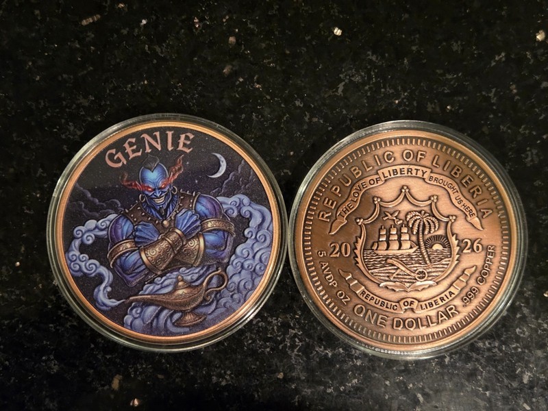 10oz's of Copper  (2-5 oz Copper Genie coins  Colorized in Capsule)