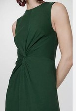 New Mango Dark Green Cotton Jersey Knot Ruched Midi Long Dress L Back Slit