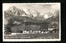 Postcard Groeden, sports hotel Monte Pana against the Odles 