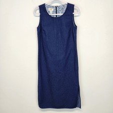 Vtg Talbots Sleeveless Midi Dress Size 8P Blue Scoop Neck Slits 90s Teacher