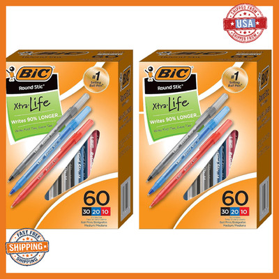 BIC Round Stic Xtra Life Ballpoint Pens, Assorted, Medium 1.0mm, 60-Count (2 Pac