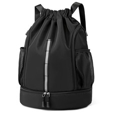 Sport Gym Bag Drawstring Backpack Beach Shoe Compartment Reflective Strip