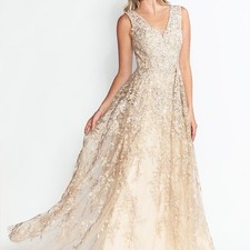 NWT Lenovia USA "champagne gold" dress Gown MOB Wedding formal beaded tulle L