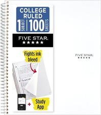 Five Star 1-Subject Spiral Notebook College Ruled, 100 Sheets