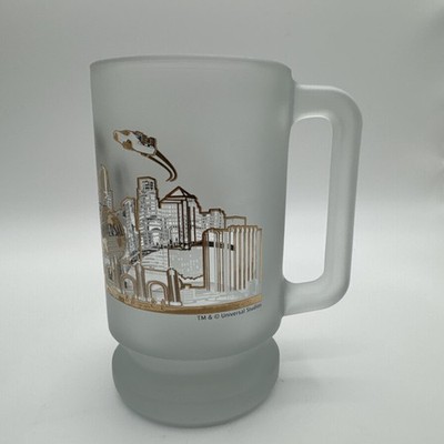 Vintage Universal Studios Frosted Glass Mug LA Skyline Gold Trim 12oz