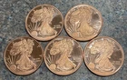 LOT OF 5 - 1 AVDP OZ WALKING LIBERTY .999 FINE COPPER ROUNDS