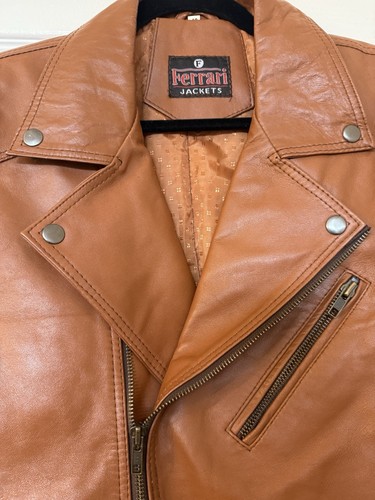 Vintage Retro Ferrari 100 Leather Biker Moto Jacket Size 46 Orange Brown Leather - Picture 11 of 18