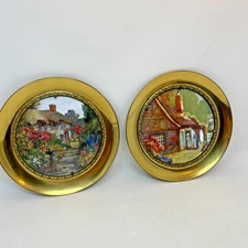 Two Vintage Brass Hanging Foil Art Framed Pictures Under Glass Round 7.5"