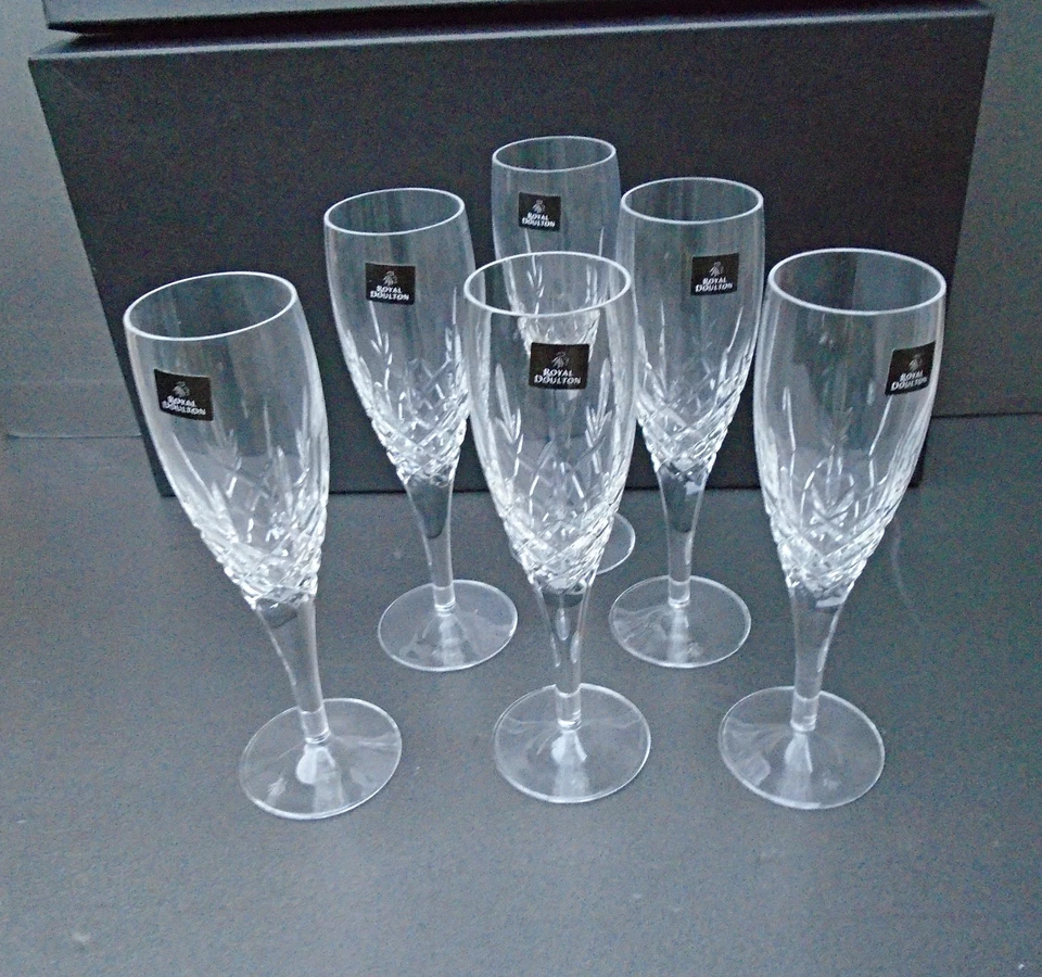 6 x Royal Doulton Crystal Boxed Dorchester Champagne Flutes 22 cm Labels Signed - Image 2 of 4