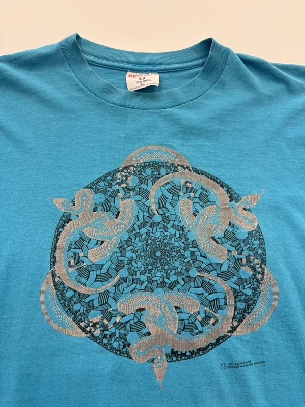 VINTAGE 1988 M.C. Escher Snake Art Print T-Shirt Teal Size XL Single Stitch