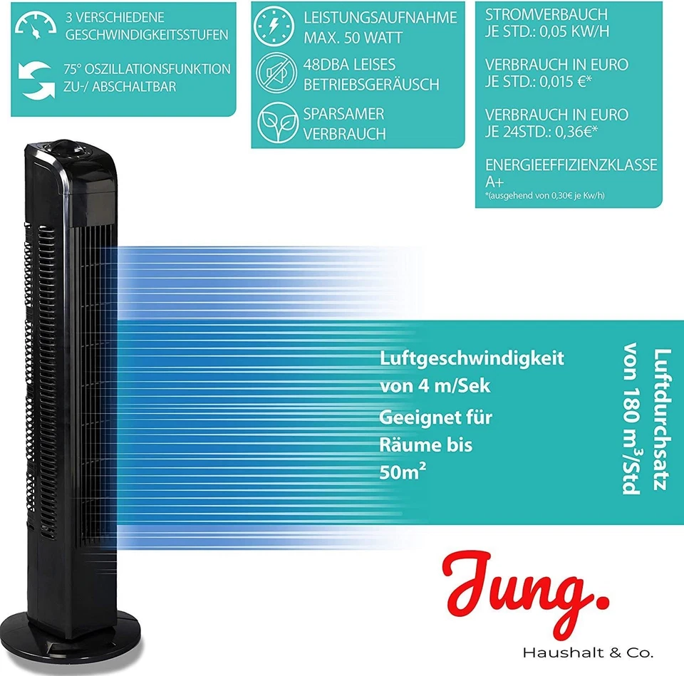 JUNG TV02 B-WARE Ventilator leise 78cm, Turmventilator schwarz, ENERGIESPAREND - Bild 3 von 4
