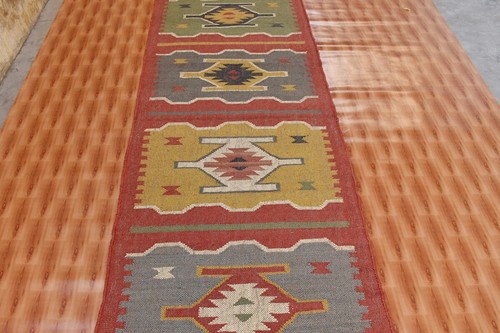 2.6x10 ft Jute Wool Kilim Rug Large Runner Hallway Rug Hand Woven Outdoor Rug