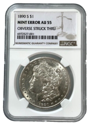 Mint Error NGC AU 55 1890-S Morgan Silver Dollar OBV Struck Thru