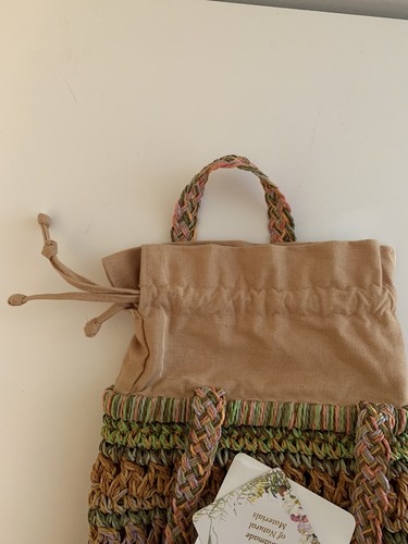 NWT Capelli Straworld crocheted straw drawstring bag multicolor bead accents - Picture 4 of 6