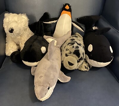 Lot 6 Stuffed Arctic Marine Animals (Whales, Penguin, Polar Bear, Seal & Shark)