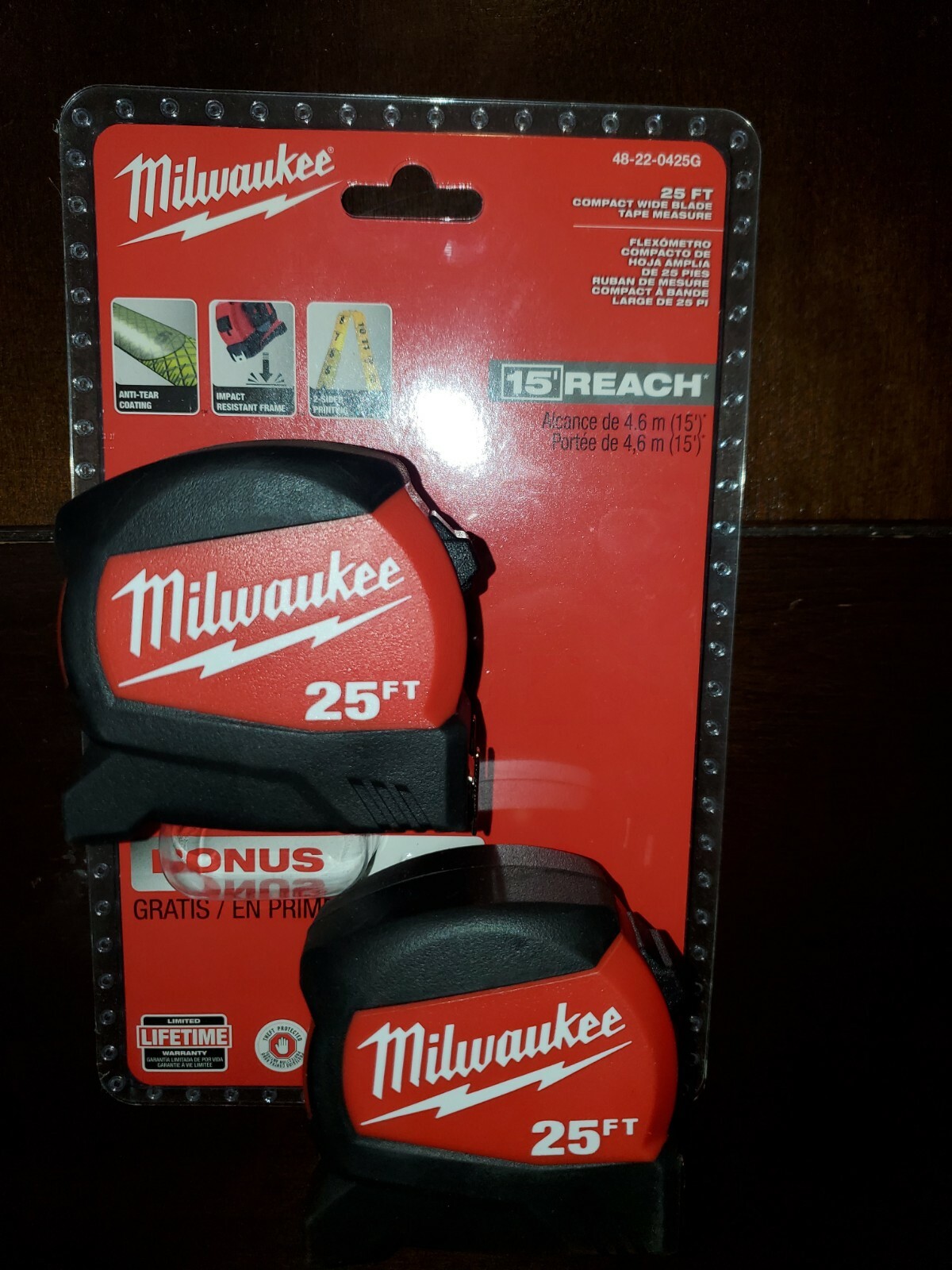 MILWAUKEE 25' COMPACT WIDE BLADE TAPE MEASURE 15' REACH 2 PACK NEW 48
