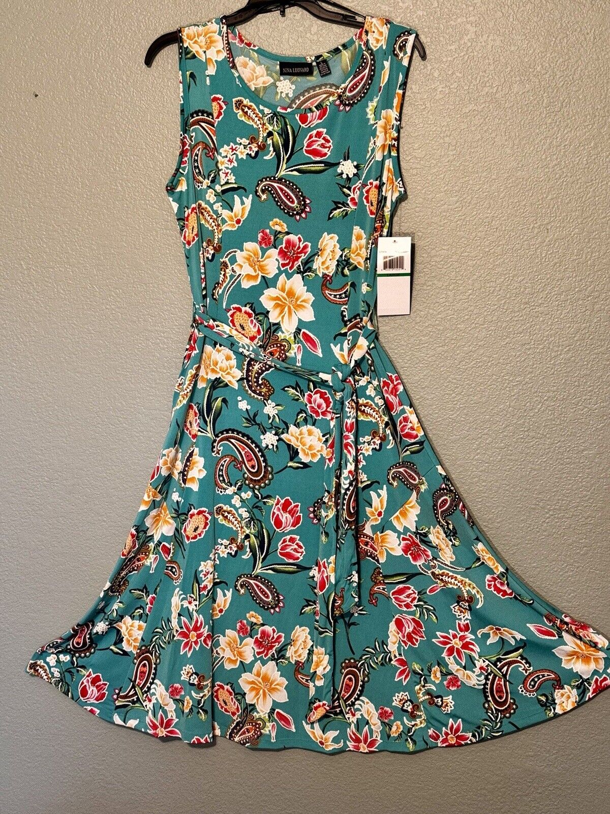 Nina Leonard Sleeveless Dress Teal Color Floral Print Size L With Belt