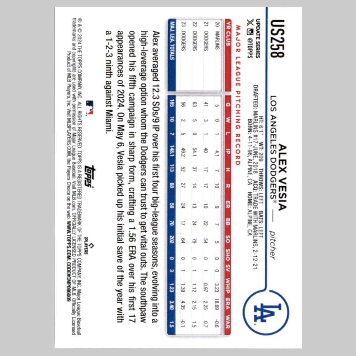 Alex Vesia #US258 2024 Topps Update Los Angeles Dodgers Baseball