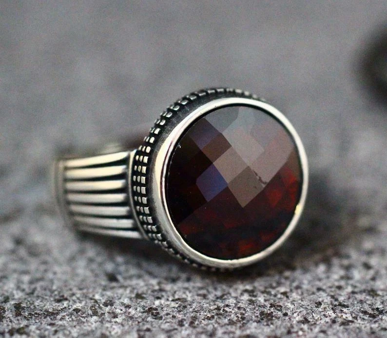 Handmade Vintage Round Shape Deep Red Ruby In 935 Real Silver Solitaire Men Ring - Image 2 of 4