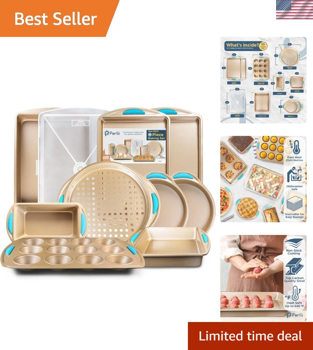 Baking Pan 10 Piece Set Nonstick Gold Steel Oven Bakeware Kitchen Set with Si...