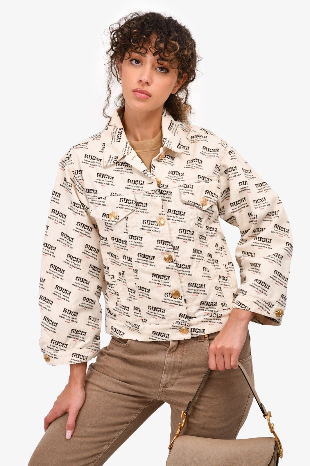 GUCCI Invitation Stamp Denim Jacket Ivory Hypnotism Print Gold Button Size M L