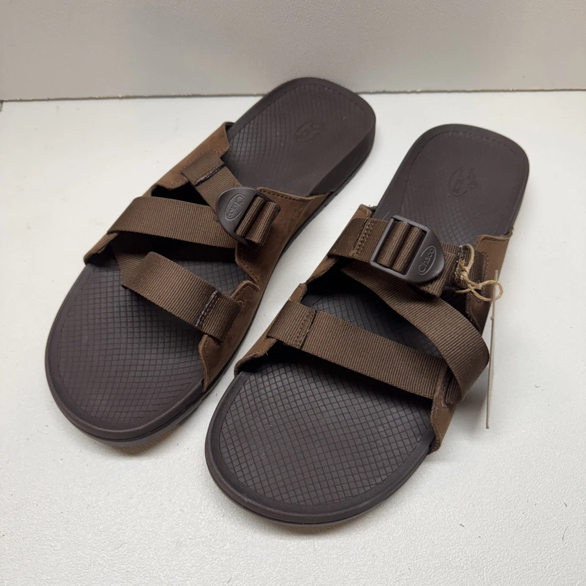 CHACO CushZ Brown Leather & Webbed Straps Mens Sandals Slides size 13 Like New Brown Leather Upper Chaco Sandals for Men for sale | eBay main image 4