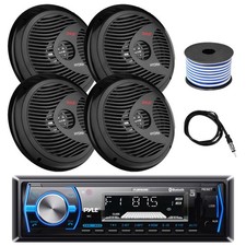 Pyle Marine Bluetooth Receiver, 4x 8" 180W Black Boat Speakers, Wire, Antenna