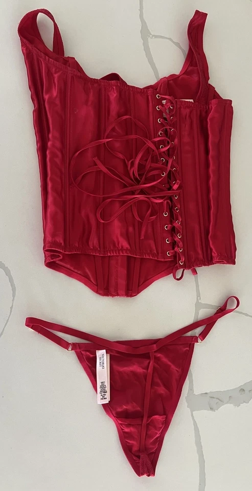 Victoria’s Secret VS Clásico Corsé Top y Panty Conjunto Rojo 100% Seda Ex-Grande Nuevo con Etiquetas Foto 4 de 4