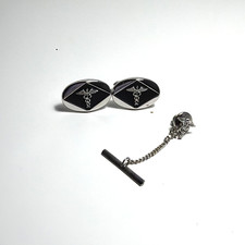 Vintage Swank Caduceus Medyczne spinki do mankietów Tie Tack Set Srebrny Czarny Emaliowany Lekarz
