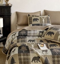 Rustic Cabin Quilt Set Queen Full 3pc Patchwork Bear Moose Deer Wildlife Bedding