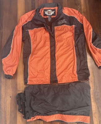Harley Davidson Size 1W Rain Jacket/Pants 2 Piece Set & Bag Orange/Black