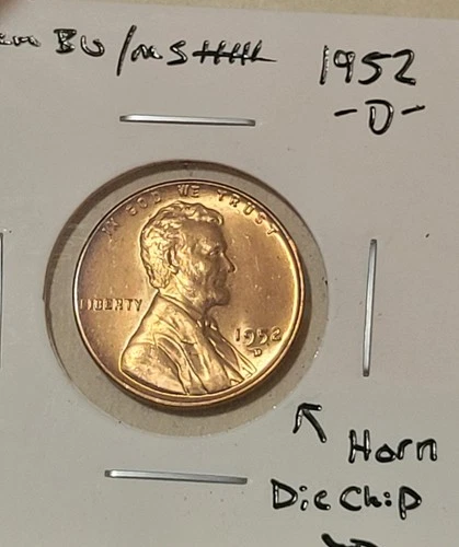 1952 D GEM BU MS RED LINCOLN WHEAT CENT WITH DIE CHIP ERROR ☆☆☆
