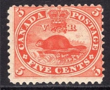 CANADA 1859 BEAVER 5C PALE RED FRESH MOUNTED MINT. STANLEY GIBBONS NUMBER 31.
