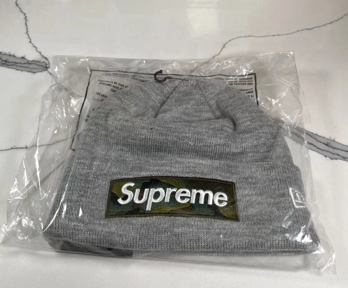 Bonnet Supreme x New Era FW23 boîte logo gris bruyère neuf