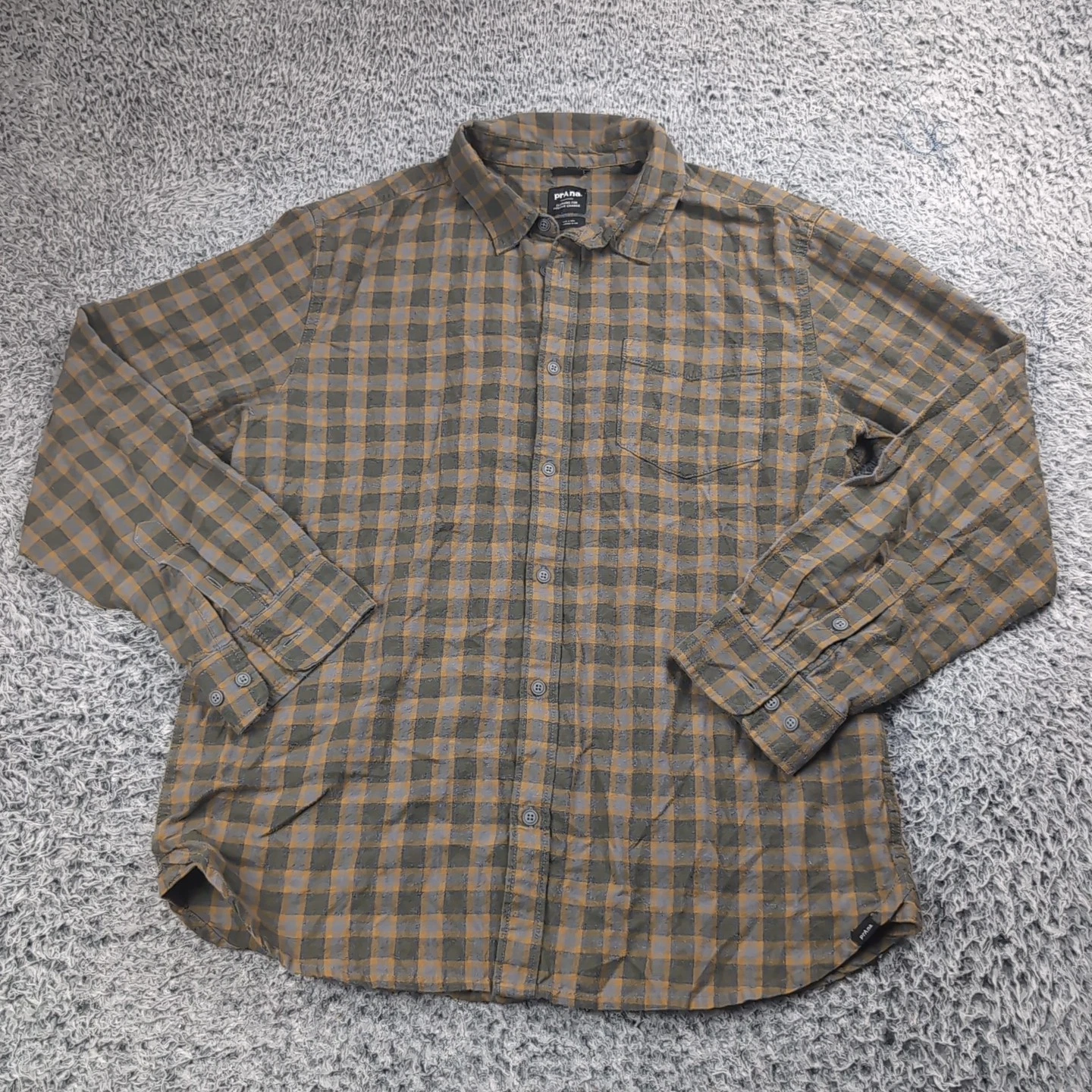PrAna Shirt Men Large Green Plaid Casual Preppy Normcore Button Flannel Outdoor
