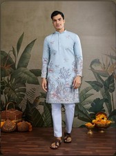 Men  s Sky Blue Printed Kurta Set  Ethnic Designer Kurta Pajama