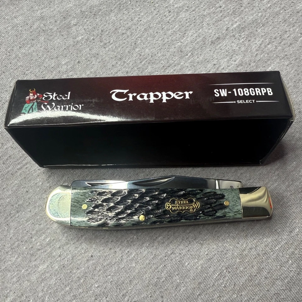 Navaja de bolsillo Steel Warrior Trapper 2-Bld hueso jigged negra/verde nueva en caja SW-108GRPB Foto 3 de 4