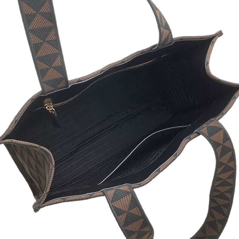 Prada Symbol Embroidery Fabric Bag Polyester Brown Black Prada Symbol Embroidery Fabric Bag Polyester Brown Black