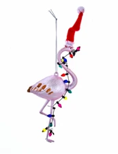 KURT ADLER 6.25" FLAMINGO w/TALL SANTA HAT & CHRISTMAS LIGHTS XMAS ORNAMENT 