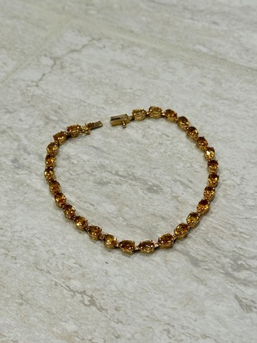 VTG 14K Yellow Gold Citrine Orange Jewel Gemstone Tennis Bracelet Link Signed