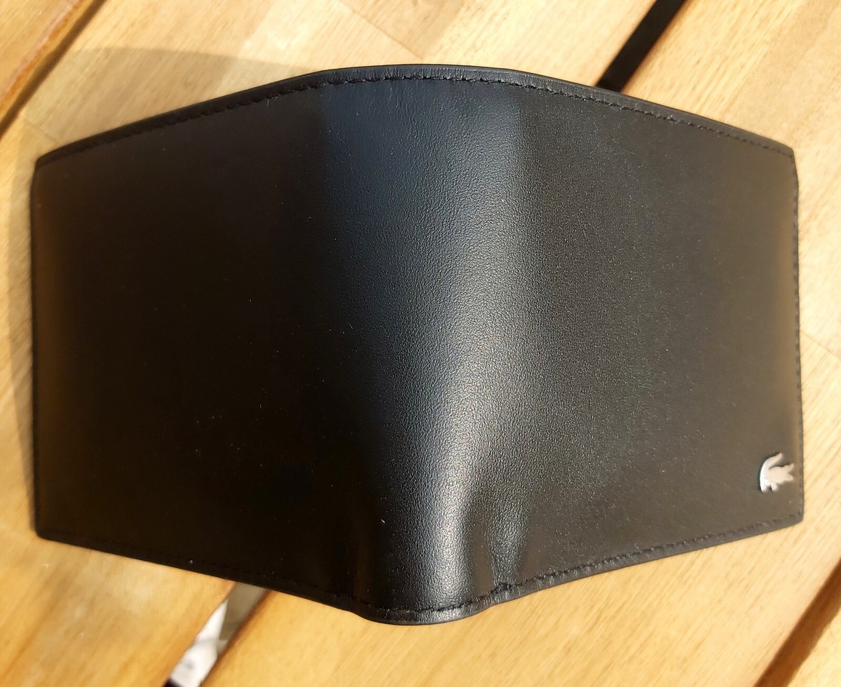 Genuine LACOSTE Black LEATHER WALLET & KEYRING & BOX Cards Notes