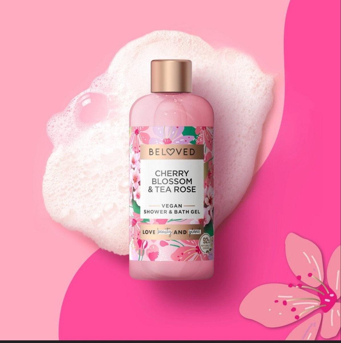 4x Beloved Mini Shower & Bath Gel Floral Cherry Blossom & Tea Rose