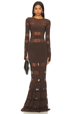 Norma Kamali Spliced Dress Fishtail Gown Chocolate Brown Mesh Panel XL 42 NEW