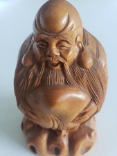 wood carved seated happy buddha figure, good condition - 4 inches