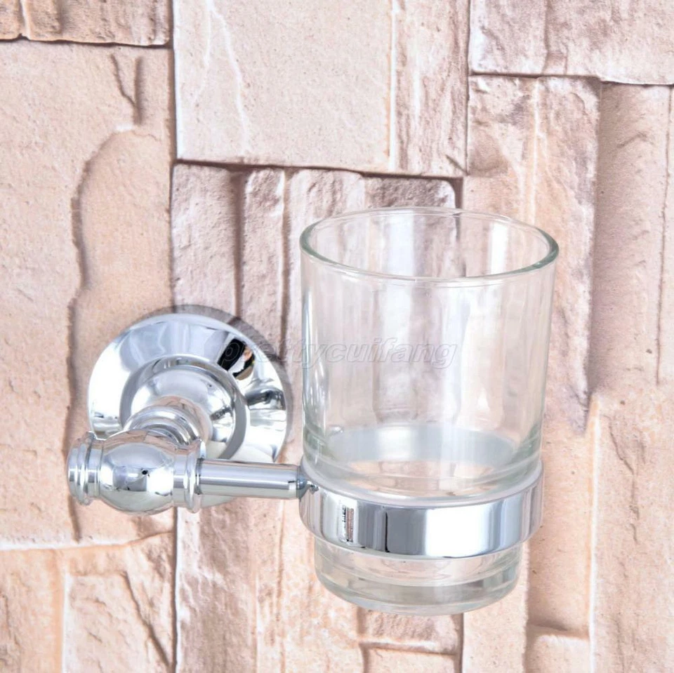 Polished Chrome Wall Mount Toothbrush Holder Bathroom Accessories with Glass Cup - Image 2 of 4