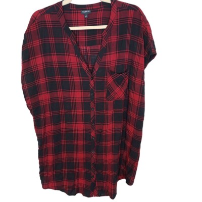 Torrid Womens 3X Red Black Plaid Challis Dolman Tunic Button Up Shirt Top Hi-Lo